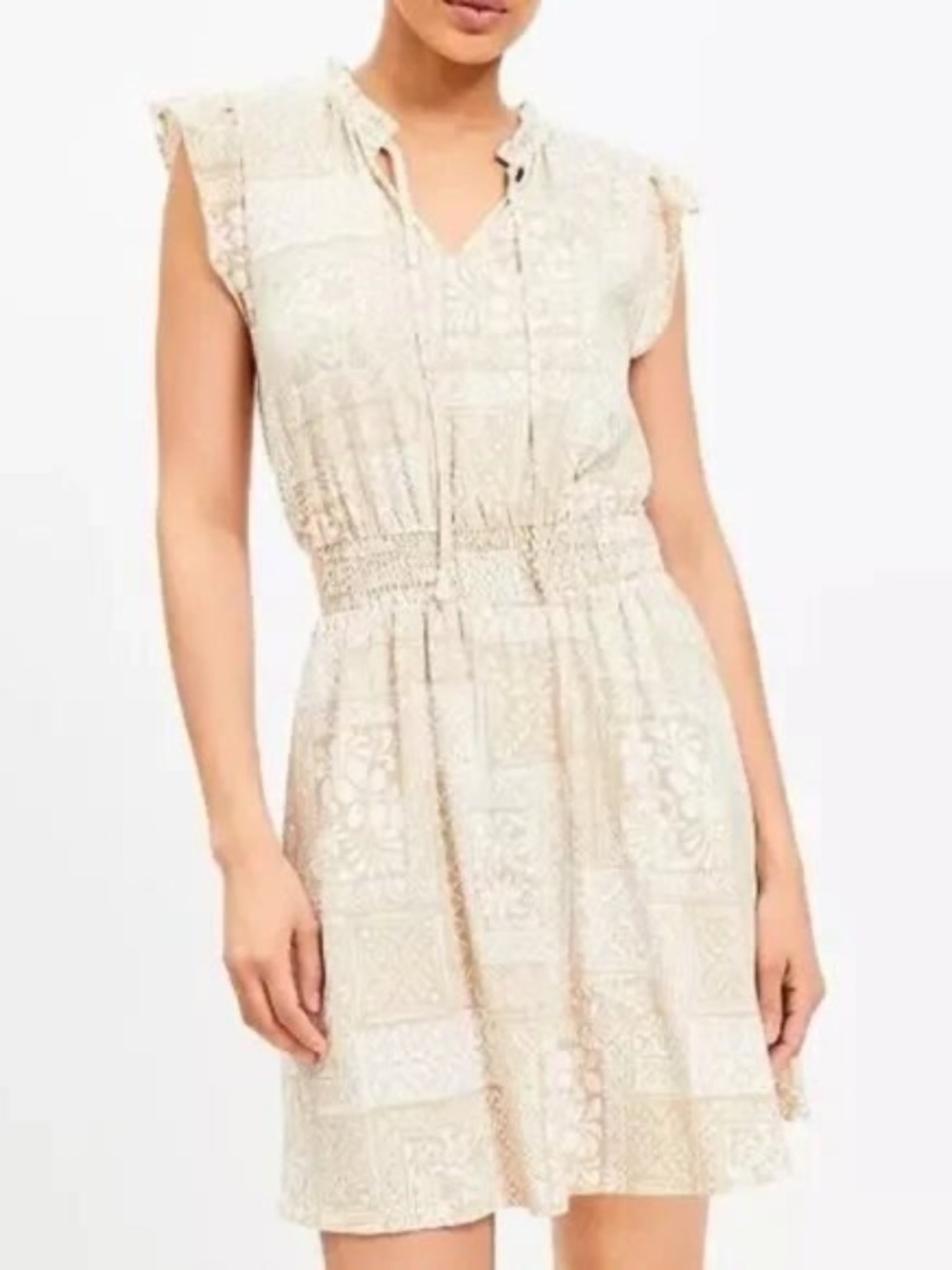 LOFT Tie Neck Flutter Sleeve Mini Dress Gulf Sands | Size L | Excellent
